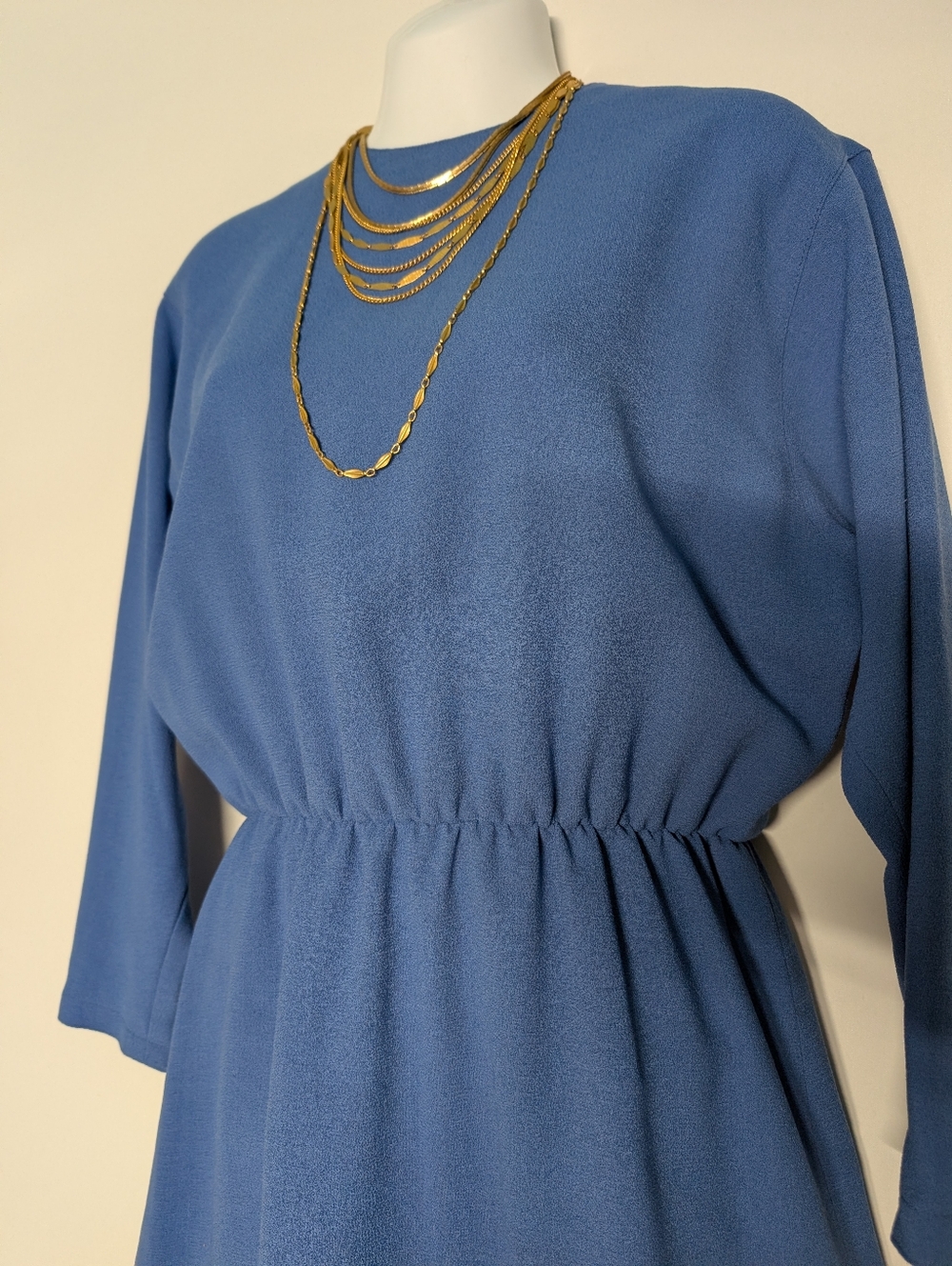 Elegant Blue Long-Sleeve Handmade Sapphire Vintage Bat Wing Pencil Dress Classic - Picture 7 of 13